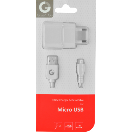 Grab 'n Go 220V USB head 1 USB port (incl micro USB cable 1 m) - 1 Amp - blanc