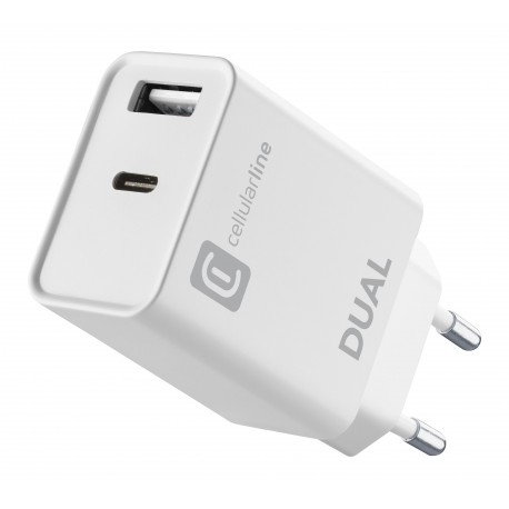 Chargeur secteur dual, usb-c 20W PD + usb, blanc