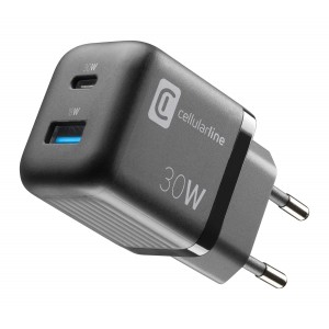 Chargeur secteur 30W, GaN multipower micro USB-A + USB-C PD, noir