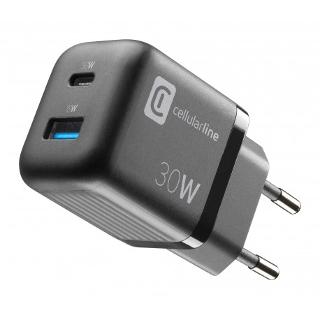 Travel charger 30W, GaN multipower micro USB-A + USB-C PD, black