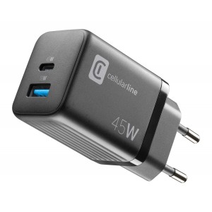 Reislader 45W, GaN multipower micro USB-A + USB-C PD, zwart