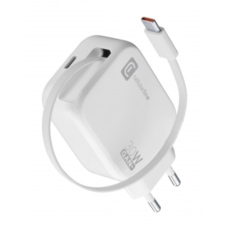 Reislader Roller, 30W PD GaN met intrekbare USB-C kabel, wit