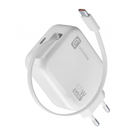 Travel charger Roller, 65W PD GaN with retractable USB-C cable, white