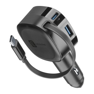 Chargeur de voiture Roller, 2x 30W USB-C, 1x 18W USB-A avec câble USB-C rétractable, noir