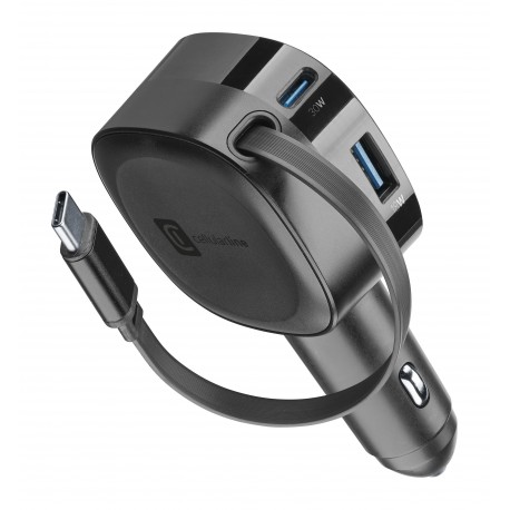 Autolader Roller, 2x 30W USB-C, 1x 18W USB-A met intrekbare USB-C-kabel, zwart