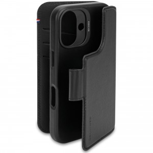 iPhone 16, housse cuir wallet amovible, noir