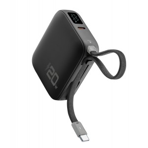 Pocket, powerbank 10000mAh 20W with integrated USB-C cable, black
