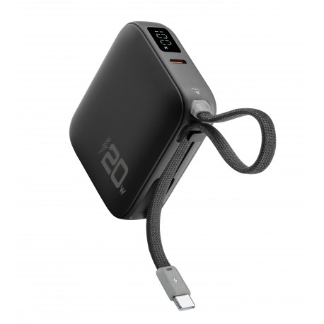 Pocket, powerbank 10000mAh 20W met ge&iuml;ntegreerde USB-C-kabel, zwart